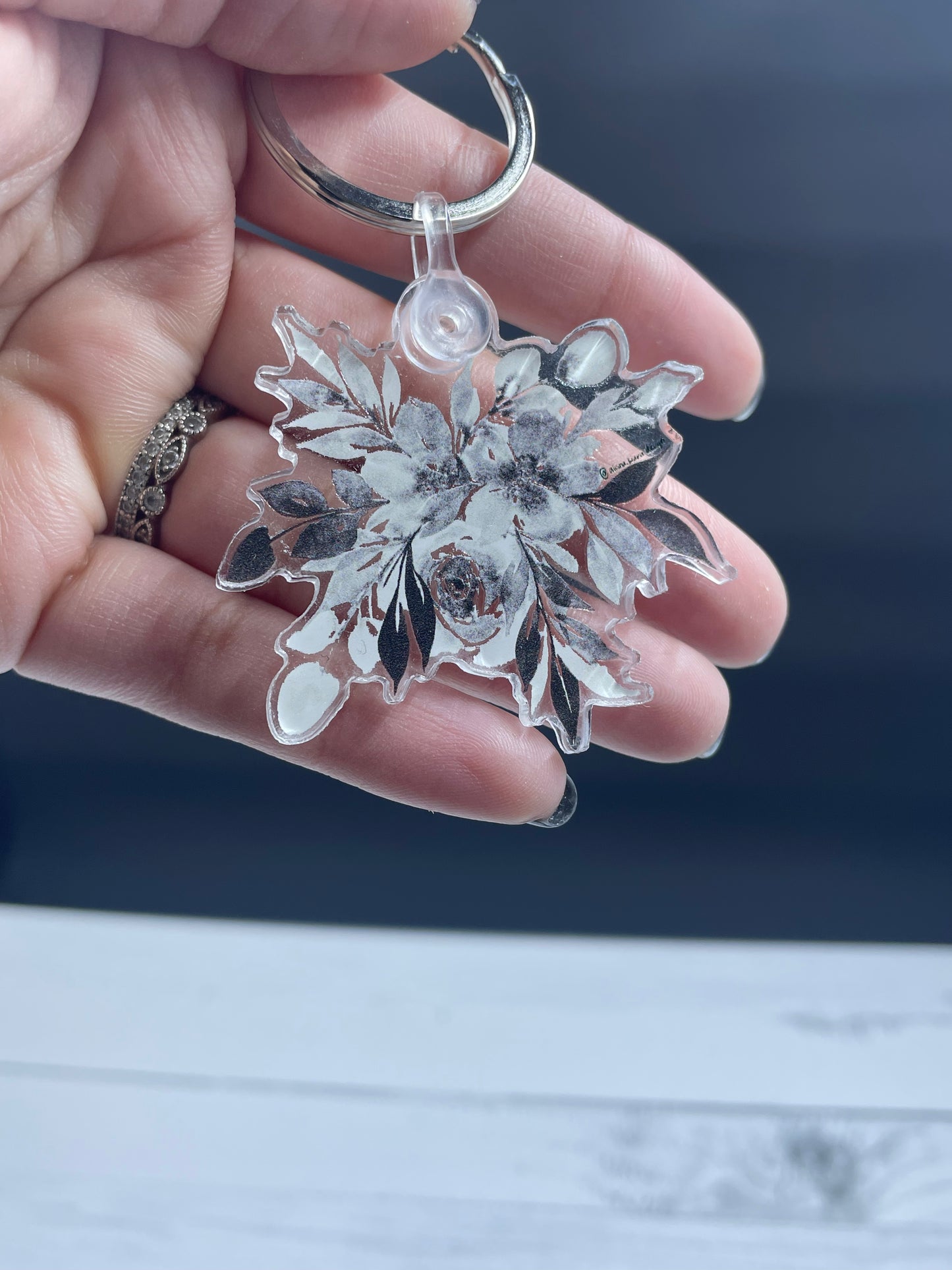 Keychain - Black & White Floral Watercolor